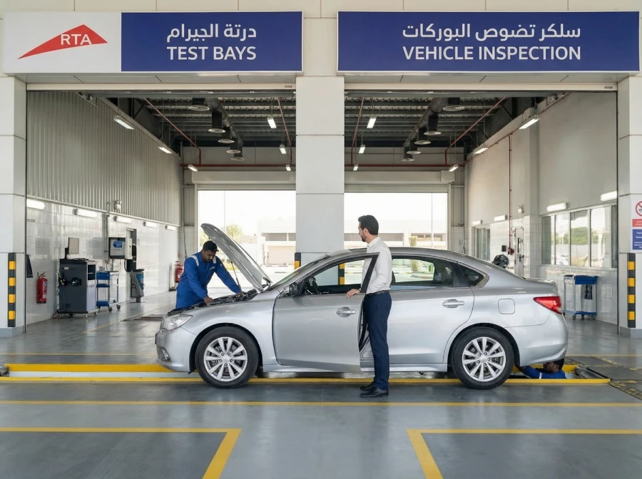 RTA Vehicle Inspection Service in Dubai A safe driver handles an RTA vehicle inspection run in Dubai, saving you time and hassle.